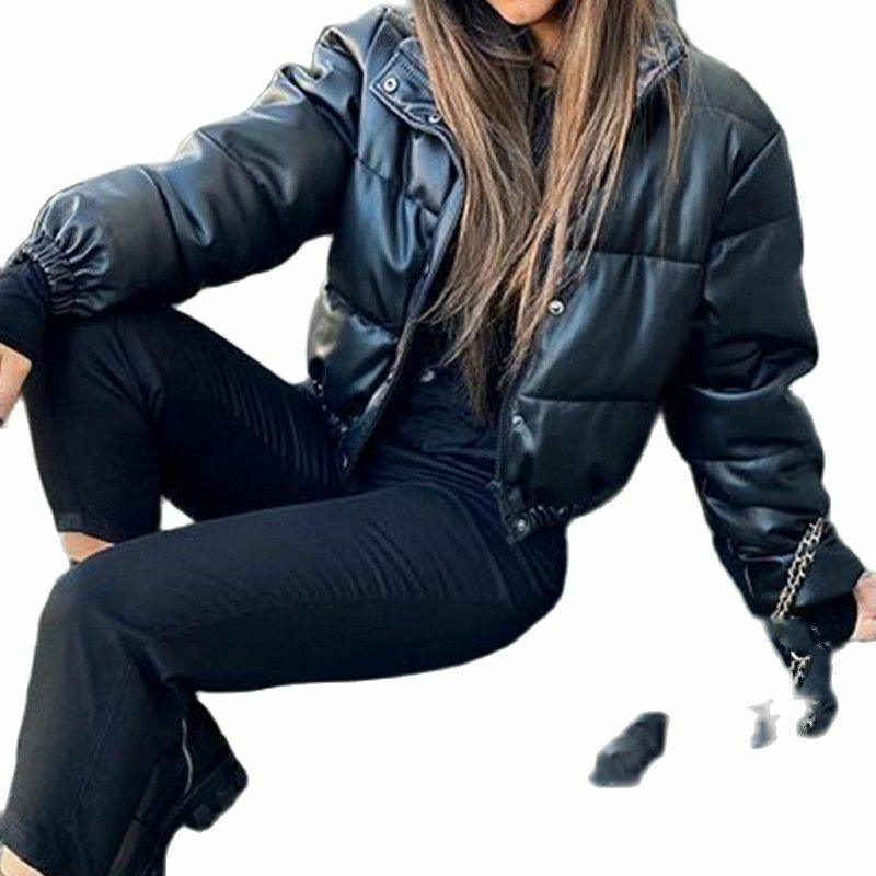 Parka invernale giacca da donna spessa calda moda donna nero PU pelle elegante cerniera Faux top