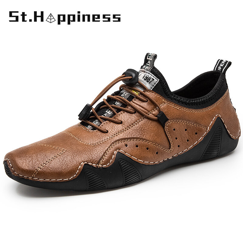 2021 New Men's Leather Loafers Luxury Brand Business Lace-Up Loafers Moccasins Fashion Casual Soft Non-Slip Driving Shoes Hot