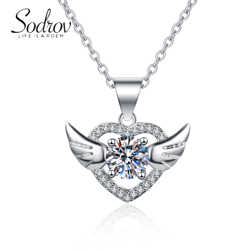 SODROV-collar con colgante de alas de corazón para mujer, joyería de plata de ley