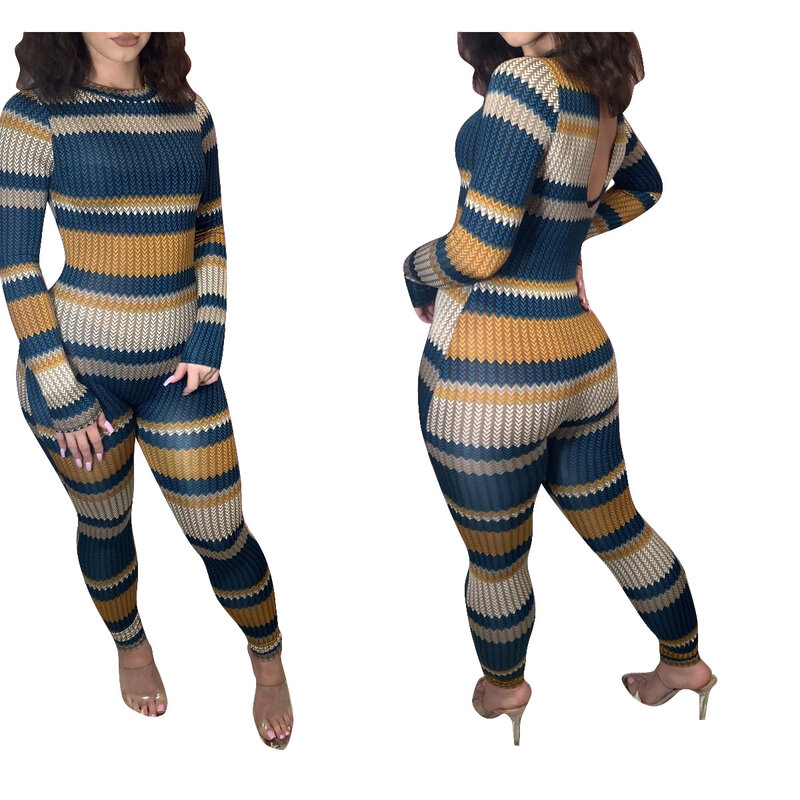 2020 New Women Chic Striped Printed Jumpsuits Long Sleeve Skinny Jumpsuit