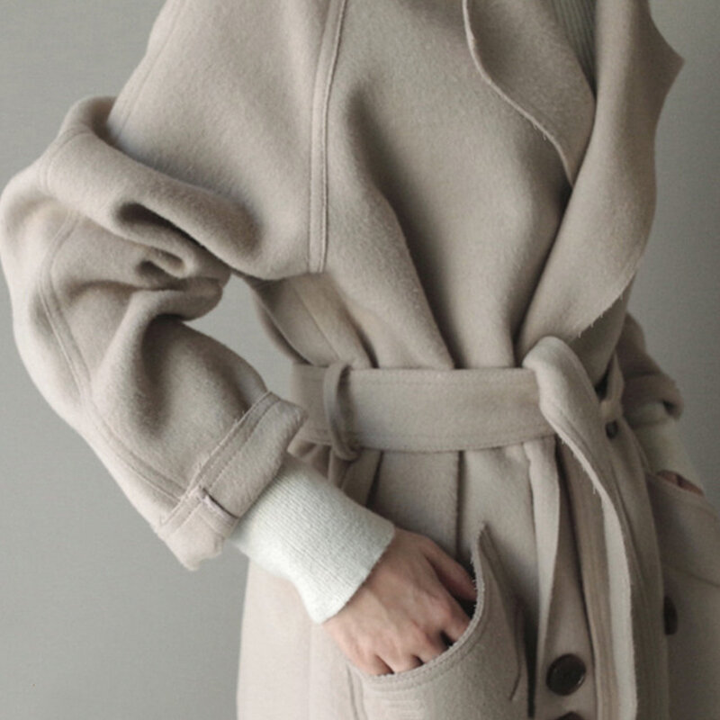 새로운 가을 우아한 모직 코트 패션 여성 블랙 롱 코트 클래식 한국어 모직 코트 따뜻한 특대 Outwear 도매