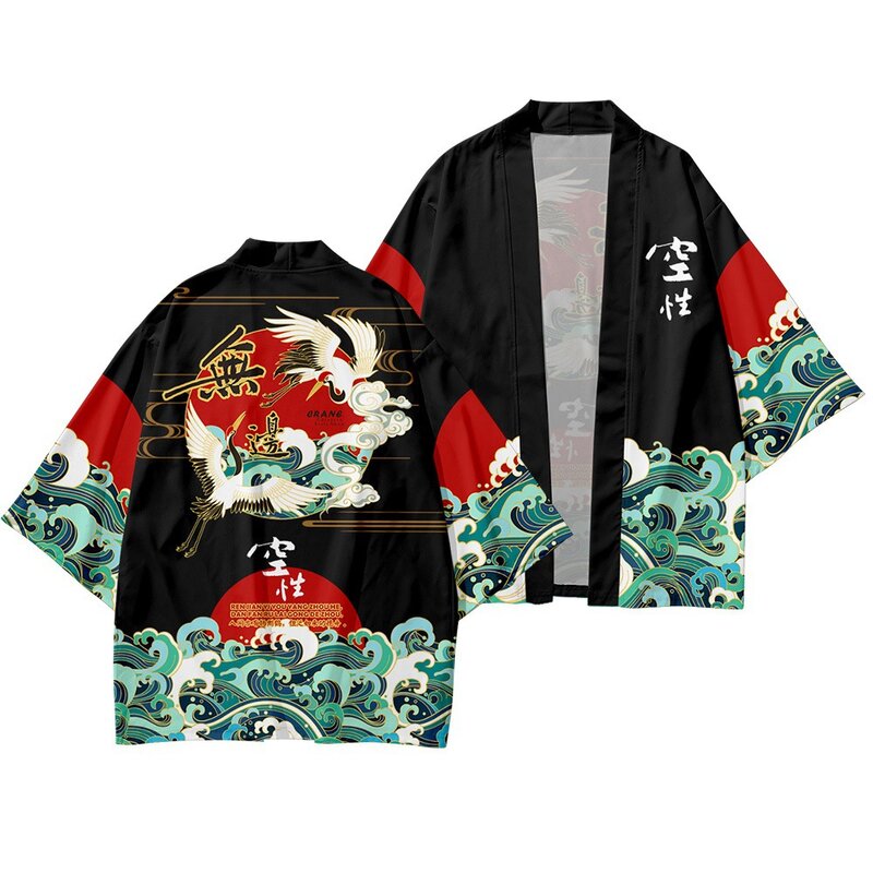Кимоно мужское с принтом журавлей и волн, юката, азиатская одежда, кардиган в китайском стиле и брюки, Традиционная рубашка, хаори, черный ко...