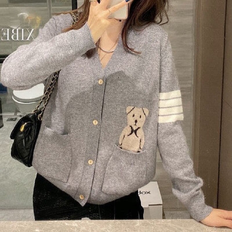 Deeptown Korean Style Bear Print Knitted Cardigan Sweaters Women Kawaii Oversized V-neck Jumper Autumn Preppy Fashion Basic Tops