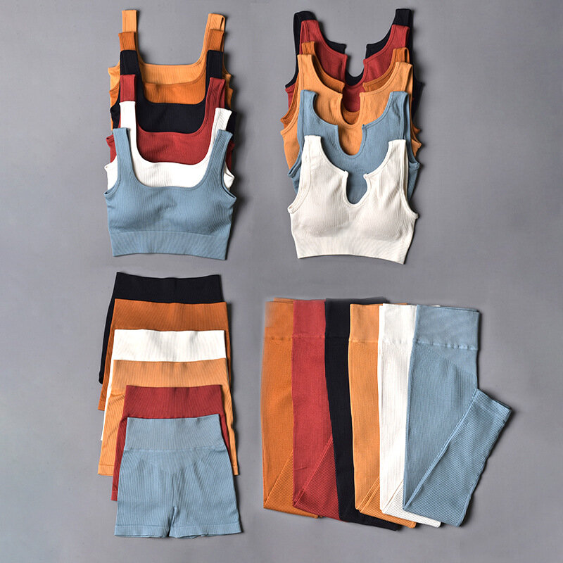 Комплект спортивный женский бесшовный, леггинсы и шорты с высокой талией