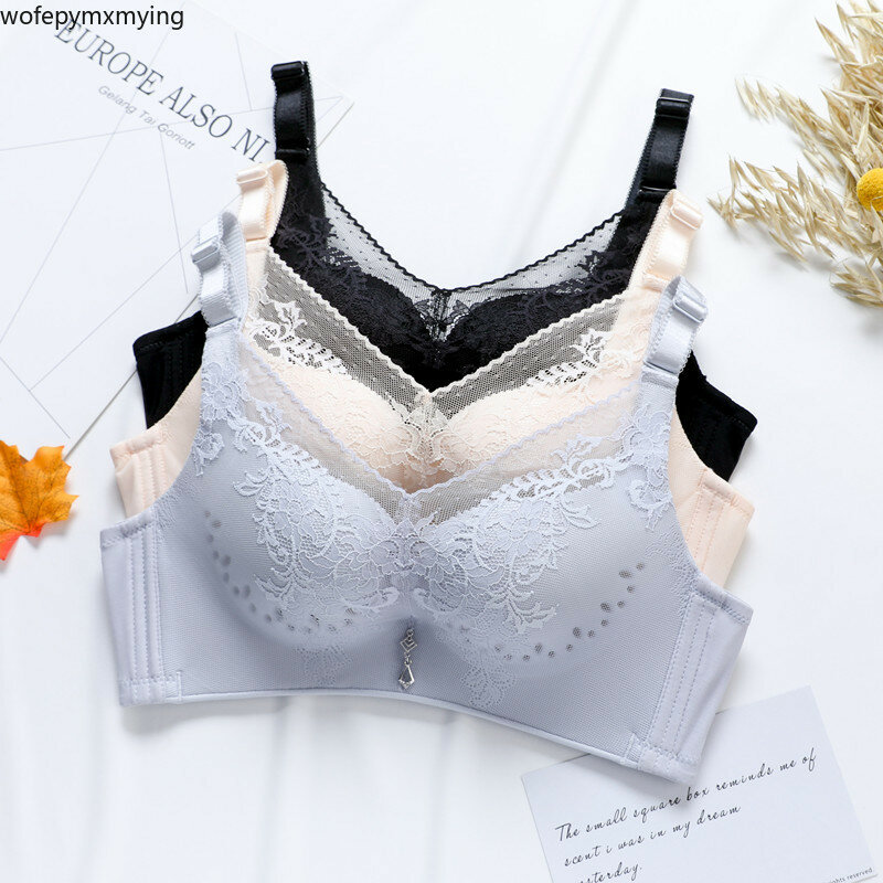 Women's Sexy Lace Push Up Bra Beautiful Transparent Brassiere Bra Without Frame Korean Style Small Breast Crop Top with Cup