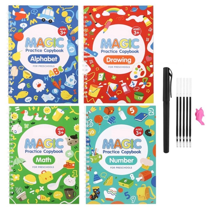 4 książki wielokrotnego użytku 3D Groove Magic Calligraphy Learning English Painting Practice Copybook do pisania kaligrafii dla dzieci Libros