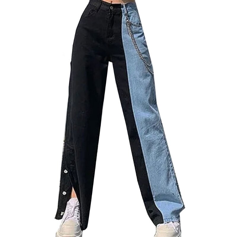 Calça jeans feminina cintura alta, jeans liso, bloco de cores, botões divididos, l41b