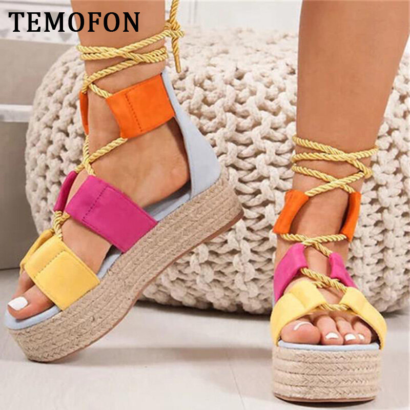 TEMOFON big size women sandals platform rope ladies beach shoes wedge shoes high heel gladiator Sandals Sandalia Feminina HVT797