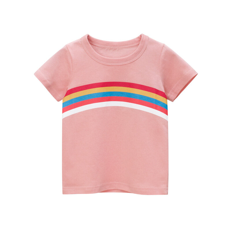 Ht新しい女の赤ちゃんtシャツは、ビッグガールズtシャツ子供ガール2-8年虹印刷夏ショートコットンtシャツ