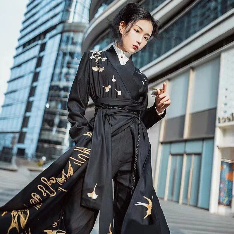 Pria Wanita Hanfu Gaya Cina Tang Setelan Gaun Jubah Jepang Samurai Cosplay Kostum Retro Oriental Pakaian Set Atasan Mantel Celana