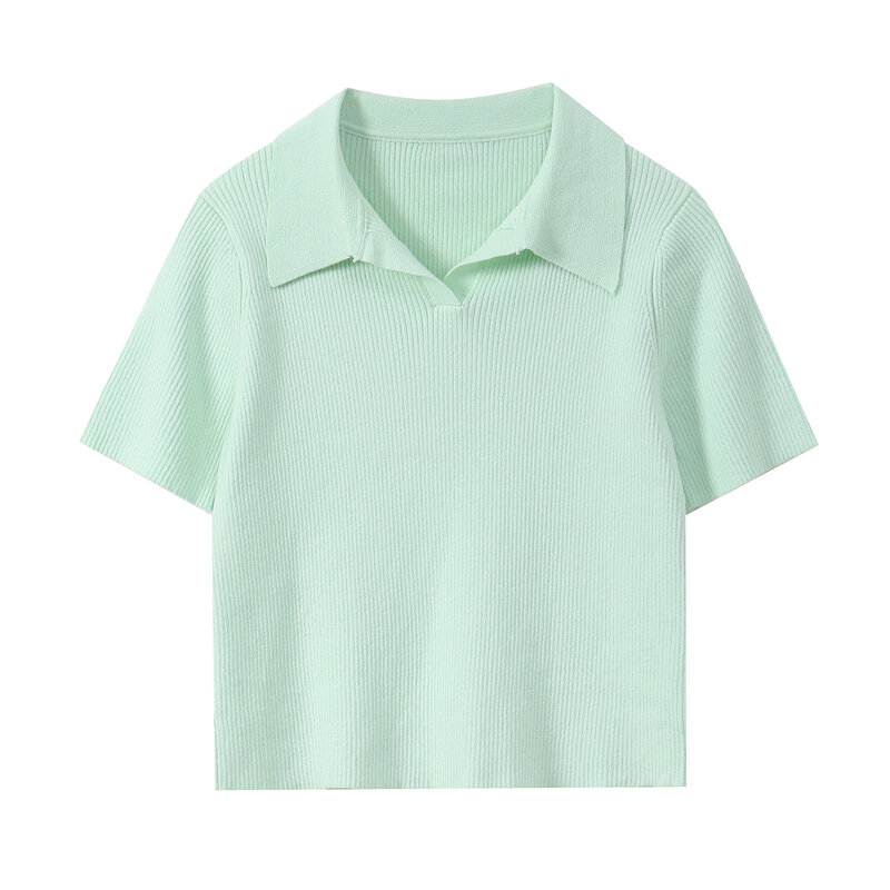 Короткие женские футболки-поло, женские летние винтажные облегающие однотонные трикотажные укороченные футболки с коротким рукавом в Коре...