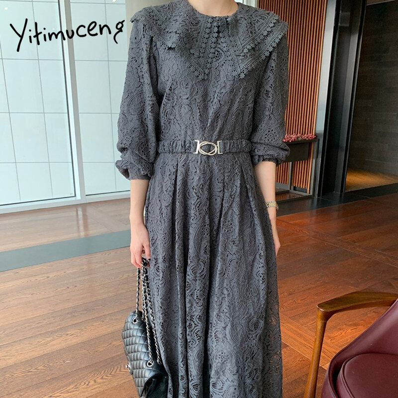Yitimuceng vestidos de renda para as mulheres faixas moda coreana maxi vestido manga longa senhora do escritório damasco cinza sundress 2021 primavera