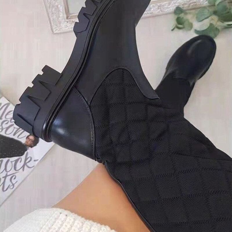 2021 moda feminina botas na altura do joelho-botas de salto grosso inverno knited botas plataforma magro quente sapatos femininos botas elásticas tamanho grande