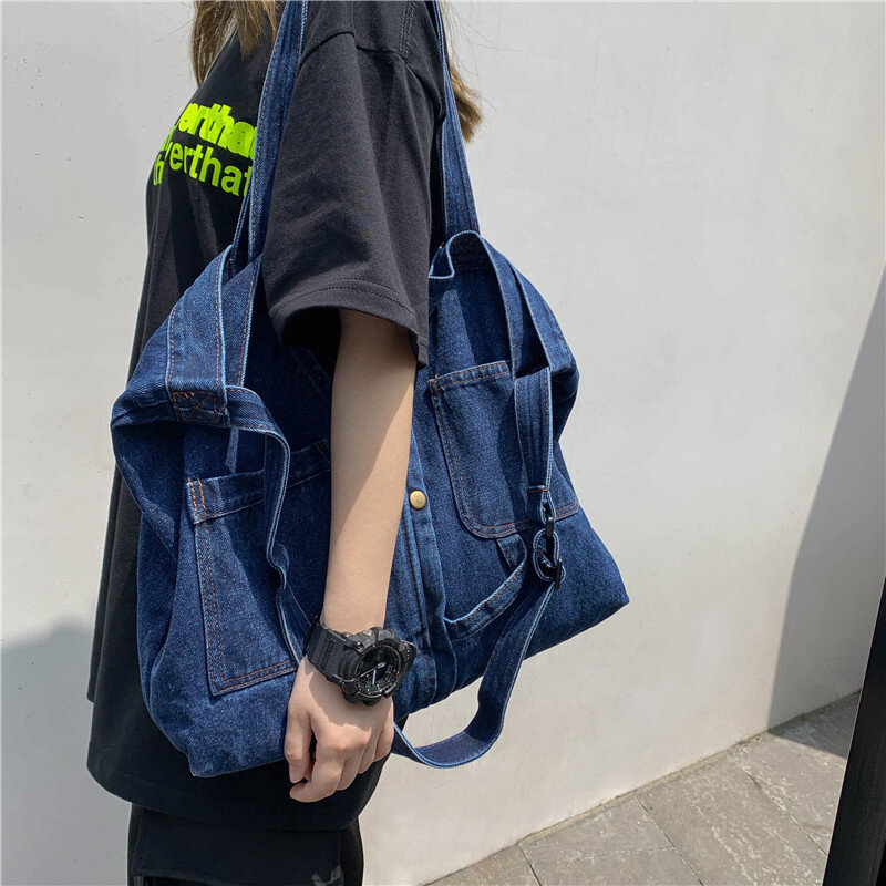 Джинсовая большая женская сумка 2021, повседневные сумки на плечо, женская сумка для покупок, вместительный дорожный кошелек, сумки через пле...