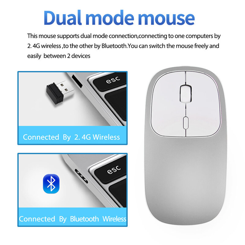 SeenDa Bluetooth 4.0 Wireless Mouse 2.4G USB Dual Mode Rechargeable Mouse for Laptop Tablet  Smart TV Silent Click Design Metal