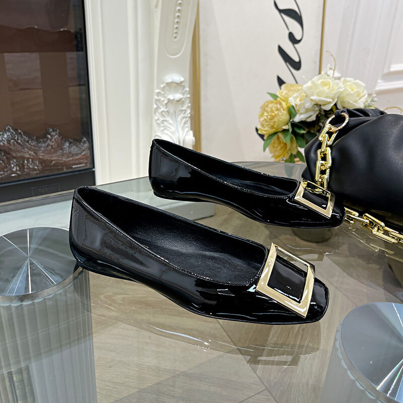 Clássico metal fivela quadrada calcanhar plano único sapatos de couro cor sólida boca rasa vestido profissional diariamente sapatos femininos