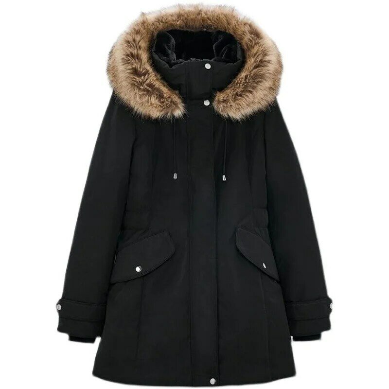 Inverno 2022 Parka in piumino di cotone con collo di pelliccia grande per donna giacca lunga in cotone nero cappotto caldo Oversize capispalla femminile
