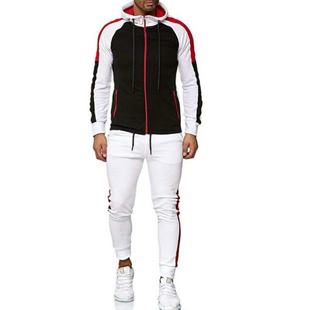 Moda listrado cor-bloqueio fino ajuste esportes terno fitness jogging com capuz suéter masculino faixa terno grande tamanho casual 2 peças