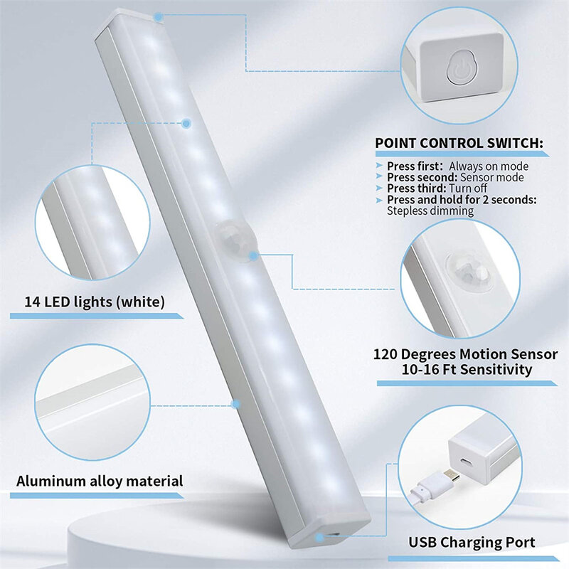 14/20Leds USB Rechargeable Motion Sensor Closet Light Portable Wireless Under Cabinet Lamp Brightness Adjustable Night Light
