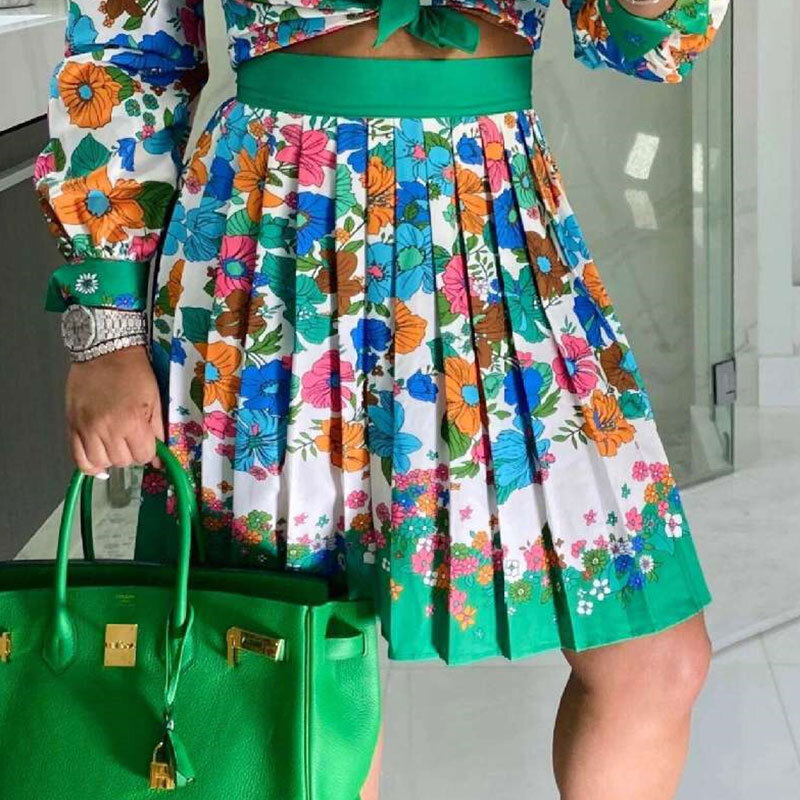 Duas peças vestido feminino casual verão plus size floral/paisley conjunto de saia plissada e top de manga longa com estampa e botão design