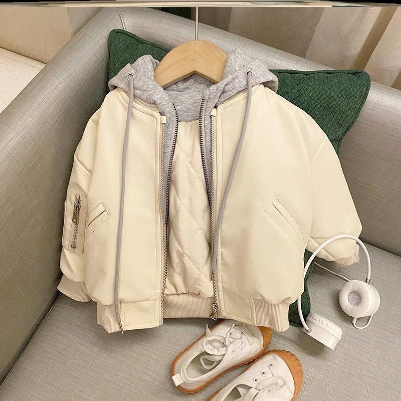 Boys Girls Thickened Leather Jacket Autumn Winternew Children Korean Version of Fake Two-piece Jackets Children's Parkas