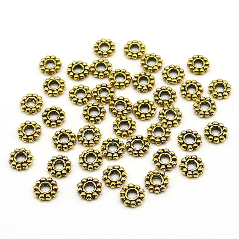 Perles d'espacement de flocon de neige tibétain plaqué argent 7mm, vente en gros de 100 pièces, perles d'espacement de fleur de marguerite en métal pour la fabrication de bijoux