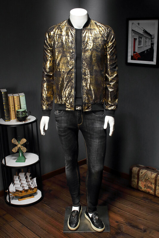 Chaqueta de fiesta con estampado dorado y negro Retro para hombre, chaqueta informal de jacquard con estampado entallado para otoño, 2021