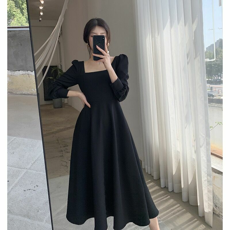 GUOGE dress French black full sleeved ladies long skirt 2021 new spring retro square Hepburn style square collar dress fashion