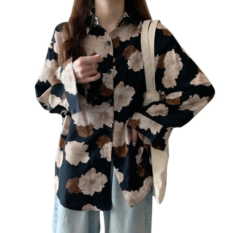 Blusa de chiffon feminina verão, camiseta feminina estampada floral, moda coreana, blusa feminina de manga comprida, blusa doce feminina
