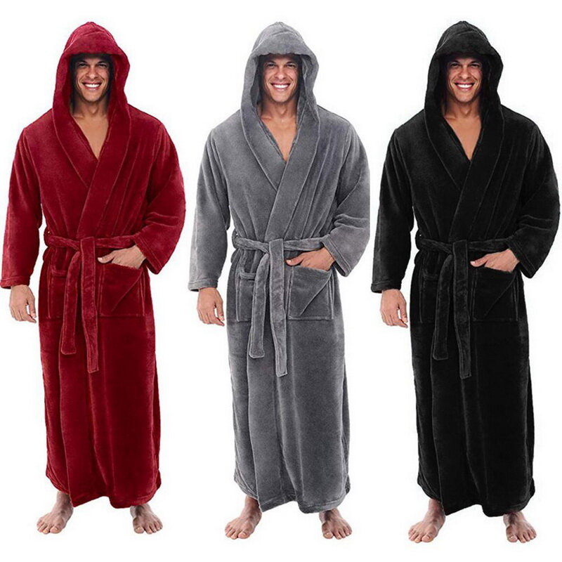 Winter Bathrobe Men Flannel Hooded Thick Casual Winter Autumn Long Kimono Robe Warm Home Sleepwear Bath Robe Pajama Nightgown