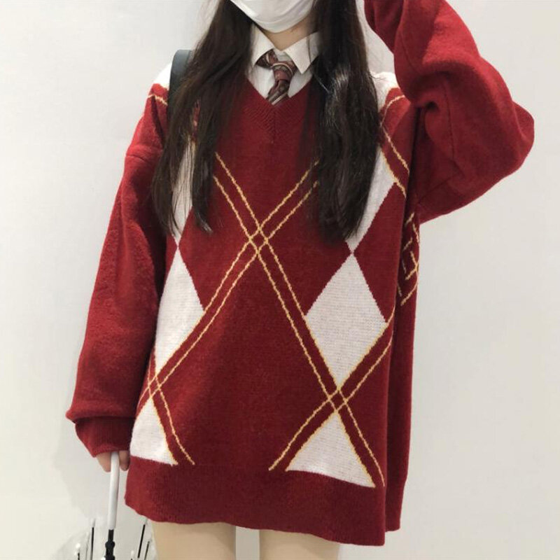 Женский свитер с V-образным вырезом, винтажный вязаный пуловер свободного покроя с длинными рукавами в клетку, повседневный топ в Корейском ...