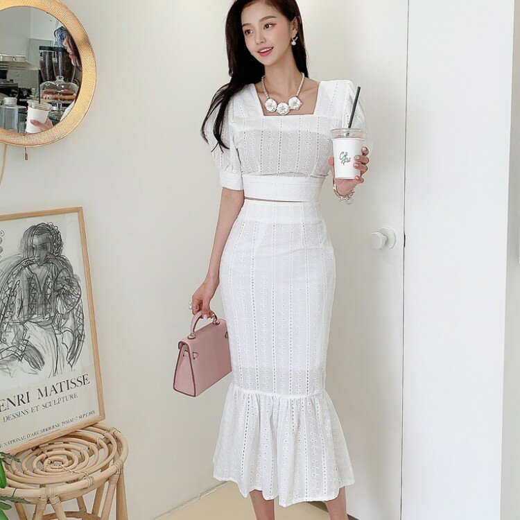 Women 2 Piece Outfits Summer Office OL Lace Embroidery Puff Sleeve Short Tops + High Waist Bodycon Mermaid Skirt 2 Piece Set