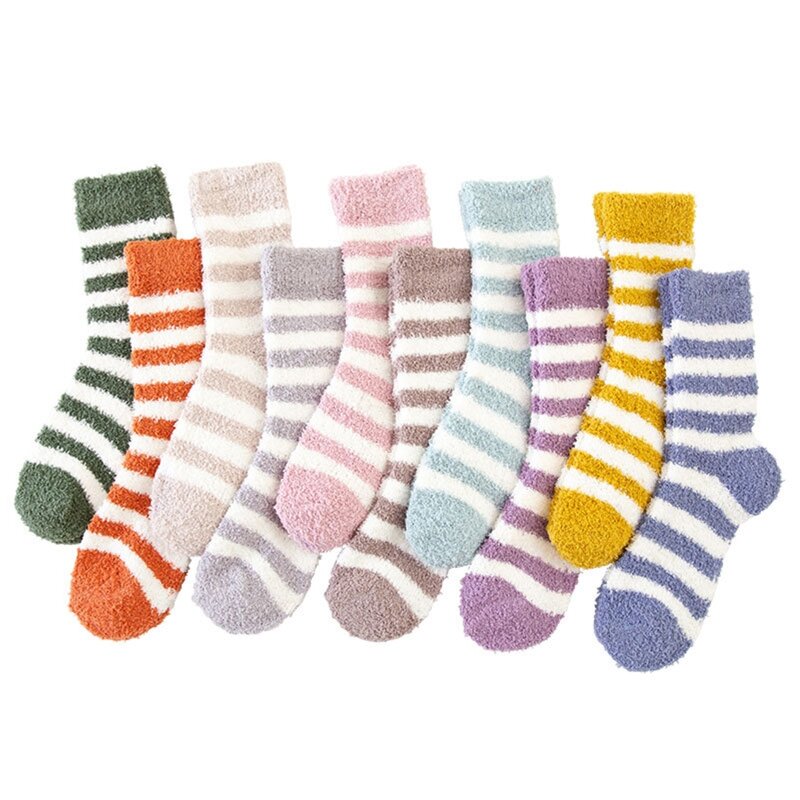 Calcetines de rayas para invierno de Color caramelo, pantuflas peludas, 10 pares