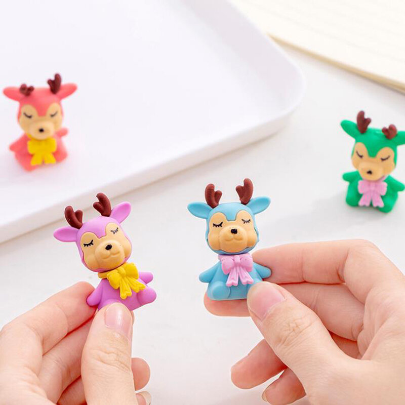 Gommes à crayon colorées en caoutchouc, 4 pièces/ensemble dessins animés, Mini animaux cerf Elk, fournitures de papeterie cadeau pour l'école et le bureau