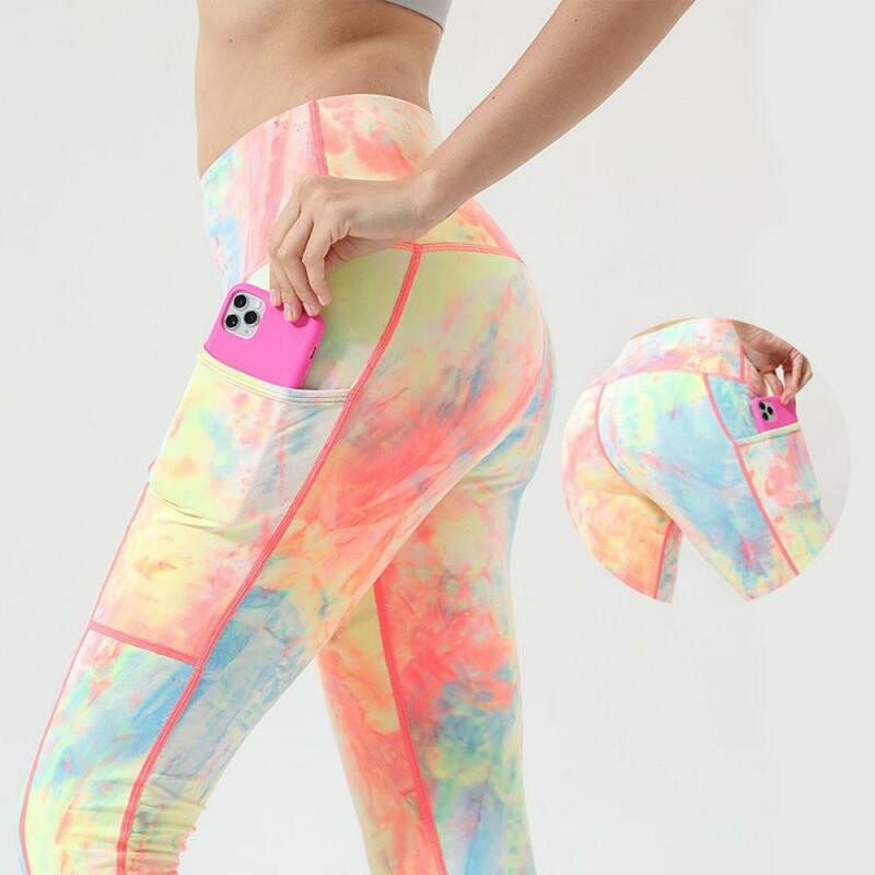 Pantalones de Yoga de cintura alta con estampado Tie-Dye para mujer, mallas deportivas sin costuras con bolsillo para gimnasio