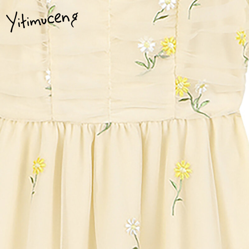 Yitimucengモスリンドレス女性の夏の刺繍ハイウエストパフスリーブスクエア襟単色黄色2021ファッション新ドレス