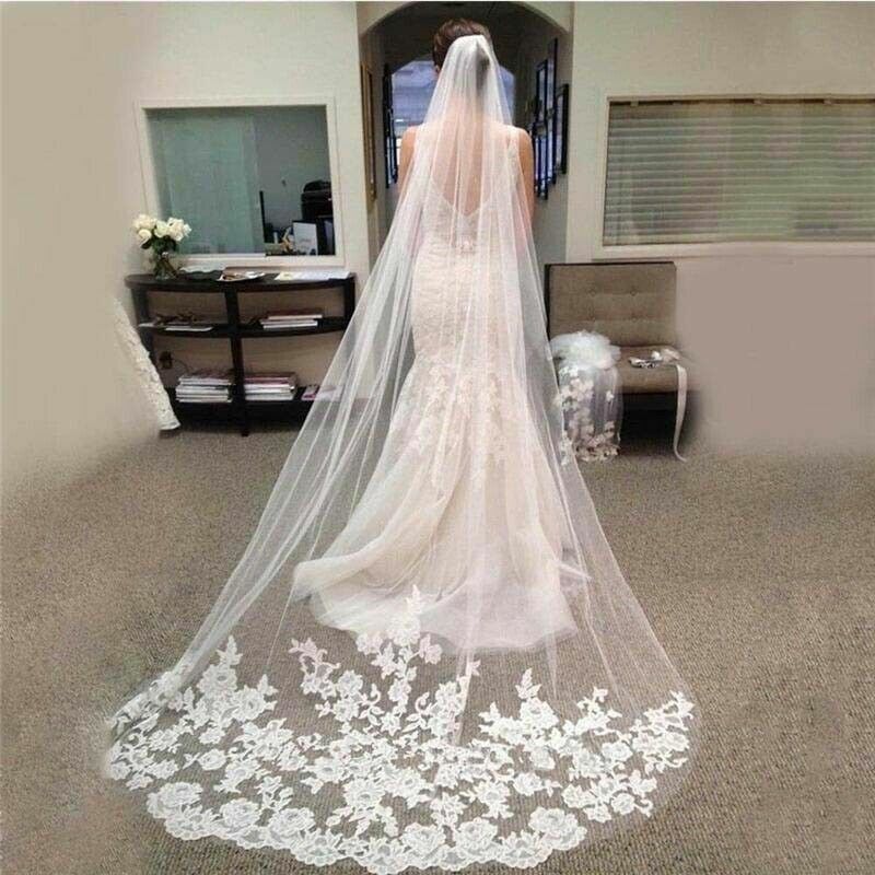 Fantastic New Style White Ivory Cathedral Wedding Bridal Veils Lace Applique Edge Veil With Comb