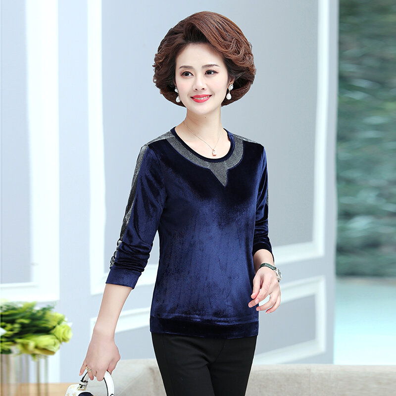Red Navy Blue Purple Velvet Blouse Mature Women Chic Classy Round Collar Long Sleeve Velour Top Glossy Fabric Patchwork Clothes