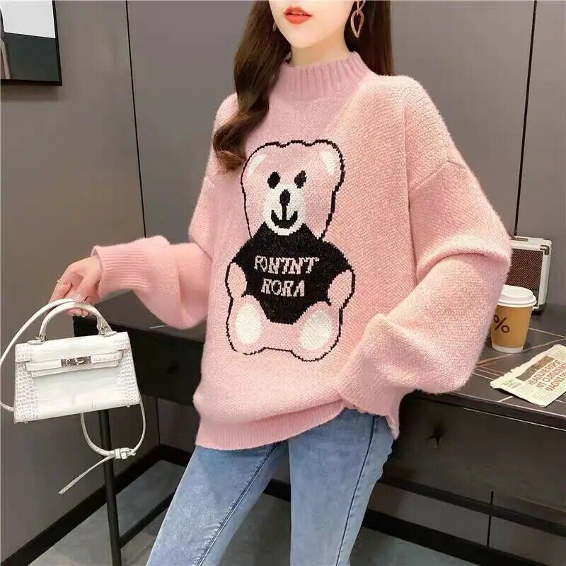 Sweater Wanita Chenille Setengah Tinggi Kerah Pullover Musim Gugur Musim Dingin Gaya Korea Malas Longgar Atasan Jumper Pakaian Rajut Hangat TopsTT0440