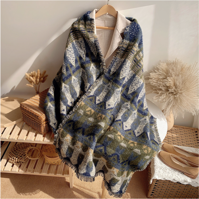 Fashion 3D Scarf Long Shawl Women  Warm and Cold Proof Bohemian Scarf Double Sided Tassel Dual Purpose Thickened Wool Neck