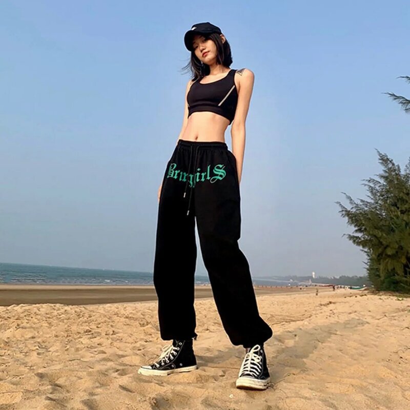 Pantalones de estilo Hip-hop para mujer, pantalón harén con estampado de letras, cintura elástica, holgado, color gris/Negro, 2021