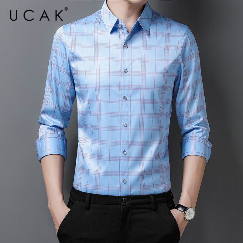 UCAK-남성 긴팔 셔츠, 남성 의류, 봄/가을용 신상품, 캐주얼 턴 다운 칼라 격자 무늬 셔츠, 옴므 U6162 브랜드 스트리트웨어