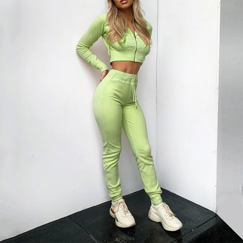 Ribbed Hoodie Two Piece Set Tracksuit Women Long Sleeve Sweatshirt Pencil Pants Suit Joggers Sport Fitness Outfits Sweatsuits