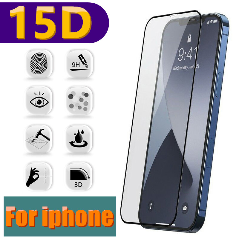 Protector de pantalla de vidrio templado 15D para iPhone, Protector de pantalla de cristal completo para iPhone 12 11 Pro MAX Xr X XS Max 7 8 Plus SE 2020