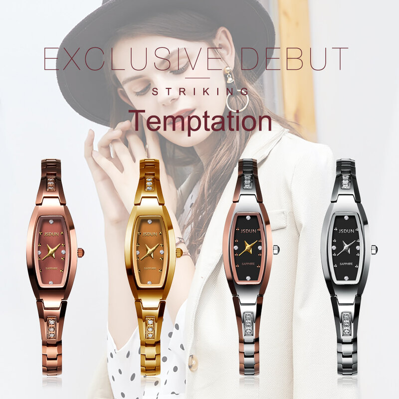 JSDUN 텅스텐 스틸 쿼츠 손목 시계 여성용 시계 탑 브랜드 럭셔리 사파이어 미러 방수 우아한 숙녀 시계 선물