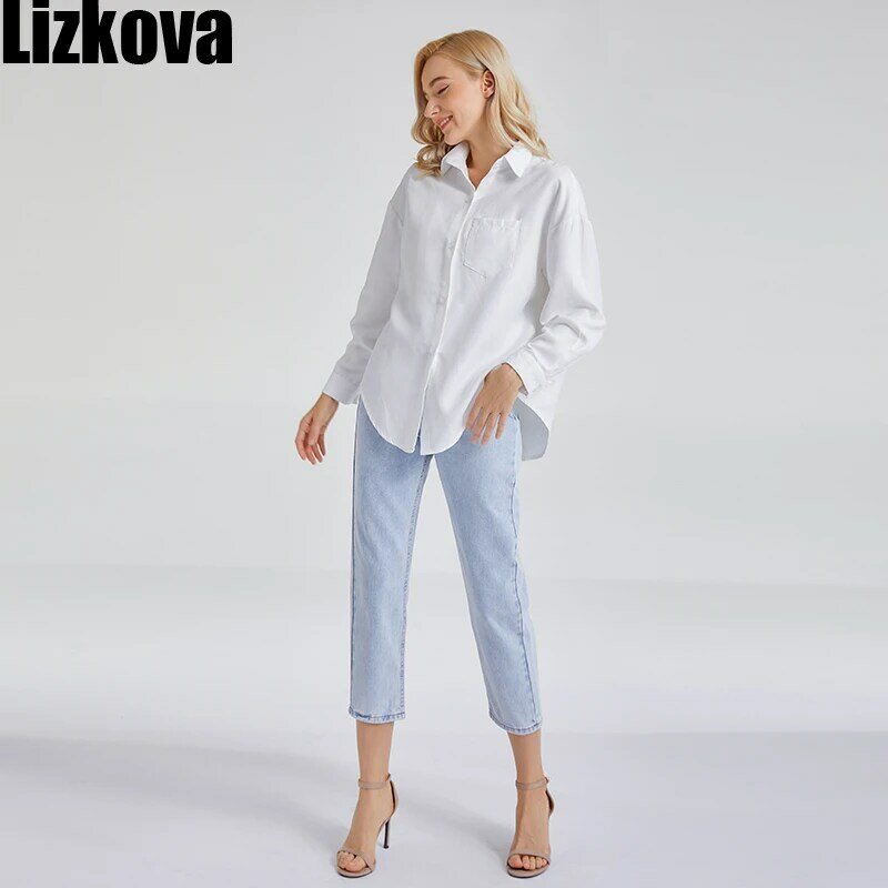 Lizkova-blusa blanca de manga larga para mujer, camisa verde de gran tamaño con bolsillo, Tops oficiales, 2021