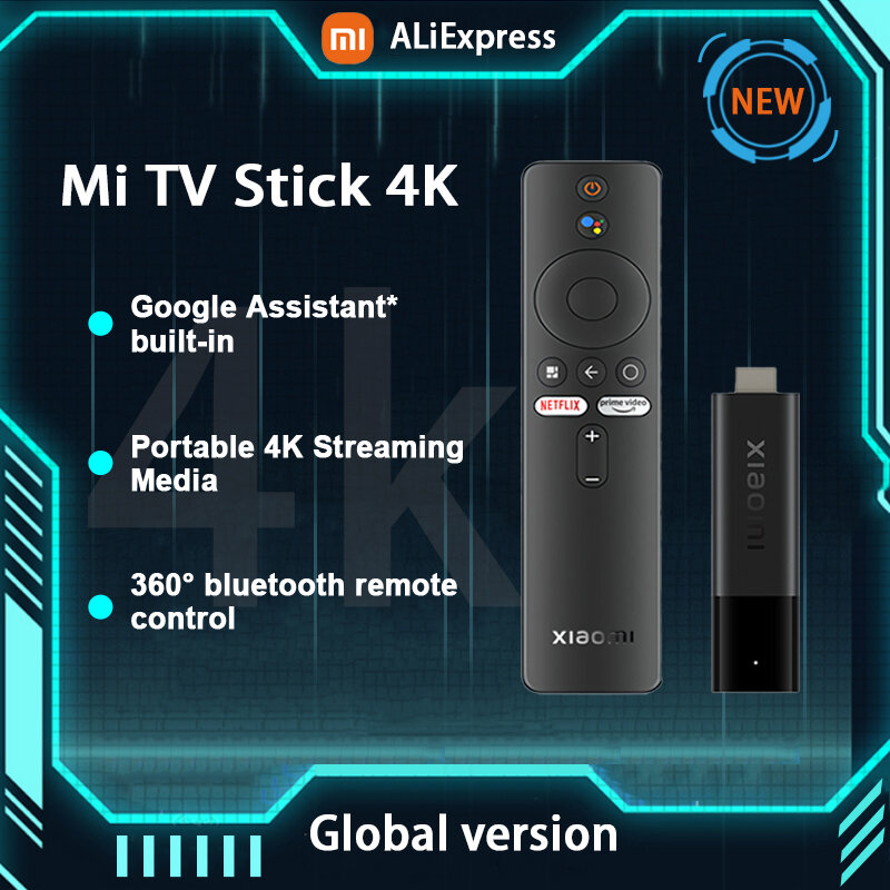 هاتف شاومي Mi TV Stick إصدار عالمي بدقة 4K ومساعد من جوجل * المدمج في تلفزيون أندرويد 11 2GB 8GB معالج رباعي النواة صندوق التلفزيون