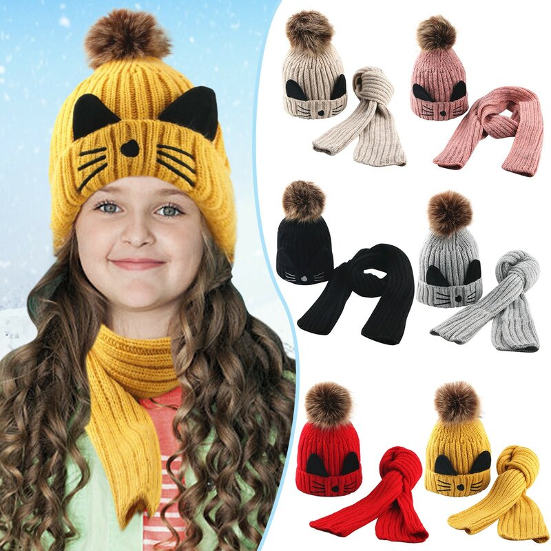 Girl Pompon Hats and Scarves Sets Winter Knitted Warm Cute Faux Fur Pom Hat Scarf Beanies Hats Caps Kids Baby Solid Bones