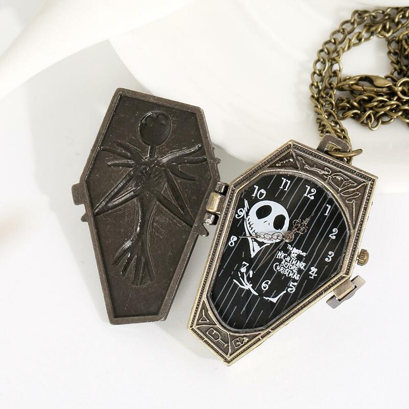 Relógio de bolso bronze o pesadelo antes do natal, relógio em formato de caixão de caveira e indicador preto, pingente de relógio para homens e mulheres, presente