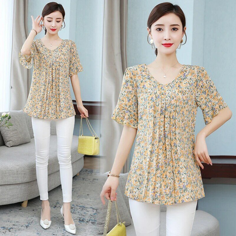 Oversized Blouses Women 5xl Floral Double Layer Tops Casual Fashion Short Sleeve 2022 Summer Loose V-neck Chiffon Shirt blusas